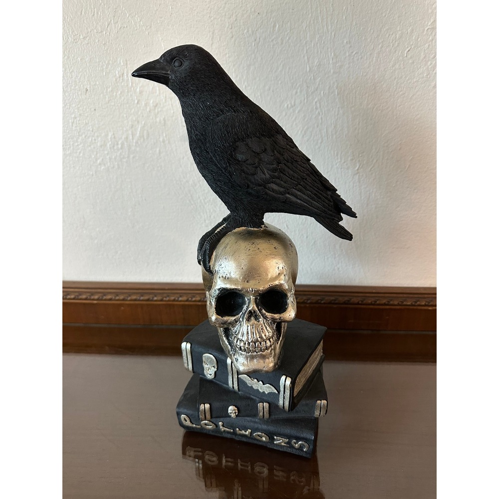 Gothic Crow on Silver Skull and Books Figurine Halloween Shelf Decor 14'' - Picture 3 of 4